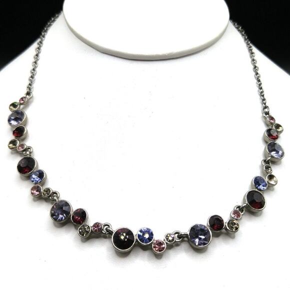 Napier Rhinestone Necklace, Silver Tone, Rhinestones Purple Blue Pink Clear, 19" - Picture 2 of 10